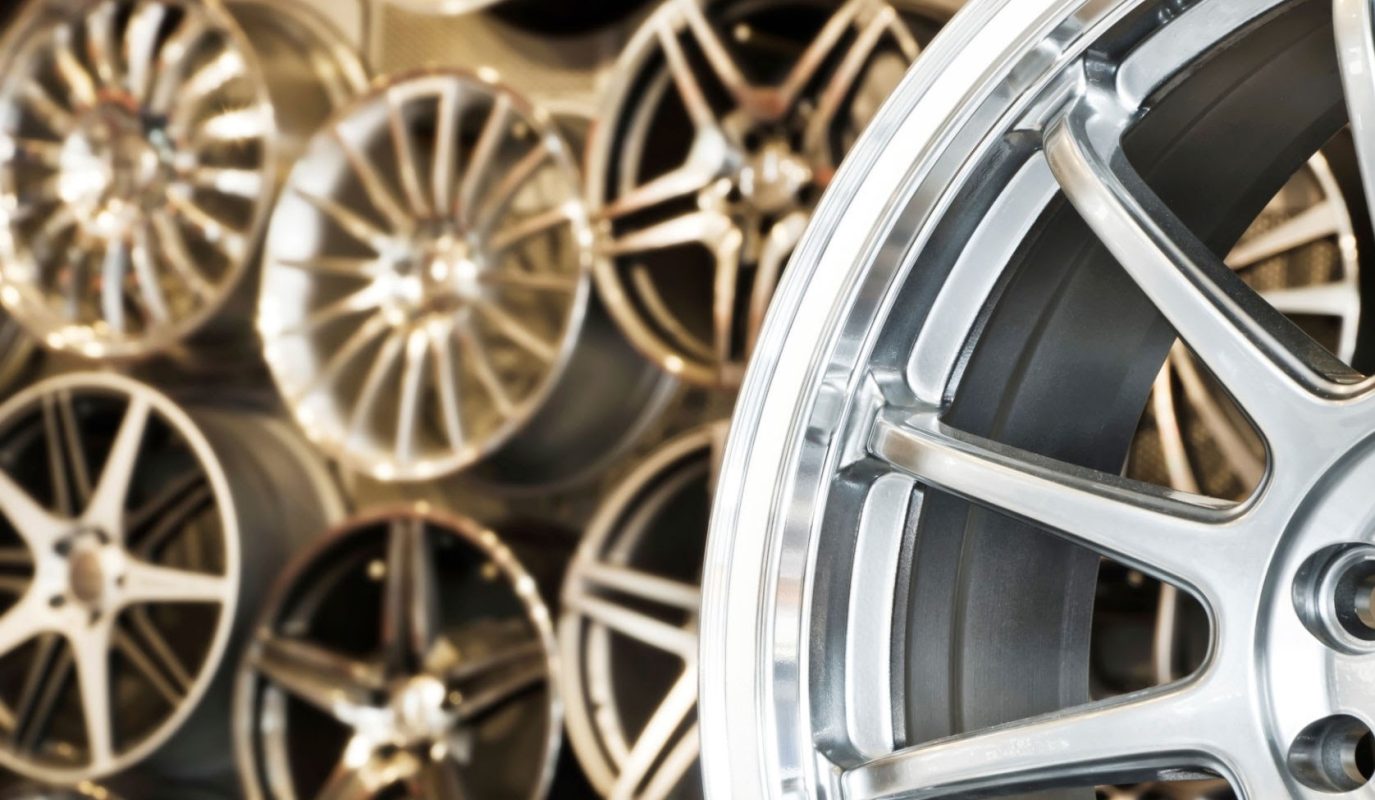 Various alloy wheels in store, selective focus